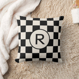 Coussin Noir et crème À damiers Motif Monogramme personnal