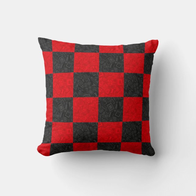 Coussin noir et rouge 16" de motif de damier x16 " (Recto)