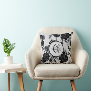 Coussin Noir Floral Papillon Moderne Avec Monogramme