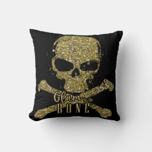 Coussin Noir Glam jusqu'à l'os Paillettes d'or Crâne