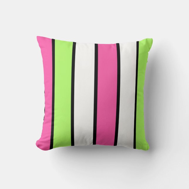 Coussin Noir, rose chaud, vert citron et rayures blanches  (Recto)