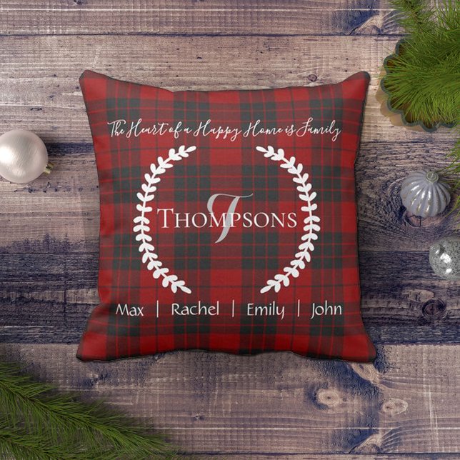 Coussin Noir rouge Nom de famille personnalisé Monogramme (Créateur téléchargé)