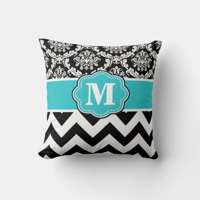 Coussin noir turquoise de monogramme de Chevron de (Recto)