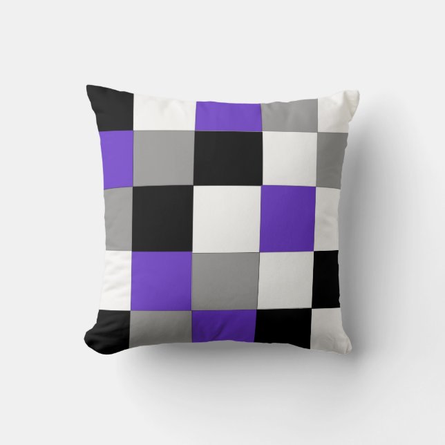 Coussin noir, violet, gris et blanc à damiers (Recto)