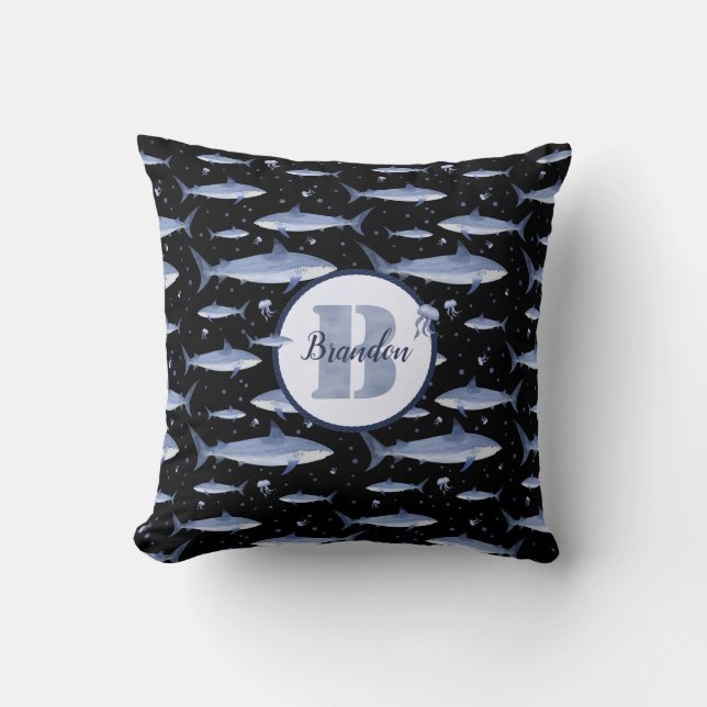 Coussin Nom + Aquarelle Monogram Requin Jellyfish Motif (Recto)