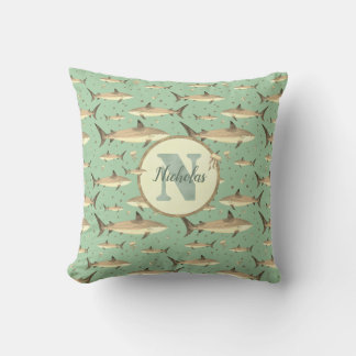 Coussin Nom + Aquarelle Monogramme Motif requin | Vert