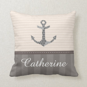 Coussin Nom beige et Brown nautique de coutume d'Ancre