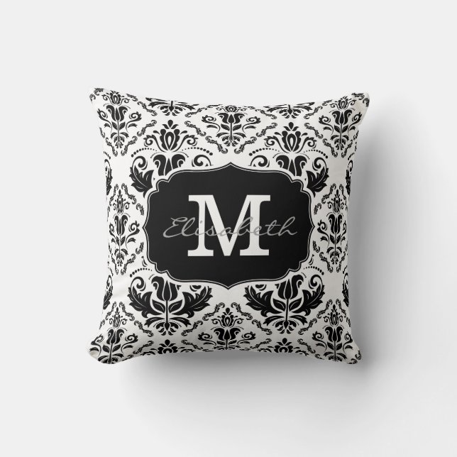 Coussin Nom blanc noir classique et chic de monogramme de (Recto)