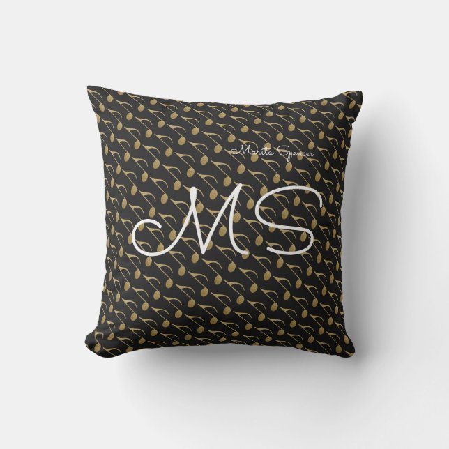 Coussin nom chic & initiales avec notes de musique, noir (Recto)