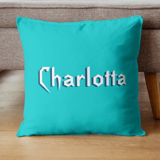 Coussin Nom Cuztomisé 3D blanc moderne | bleu turquoise (Créateur téléchargé)