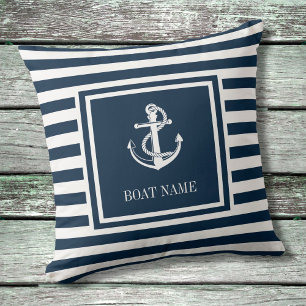 Coussin Nom de bateau d'ancre nautique rayé bleu marine
