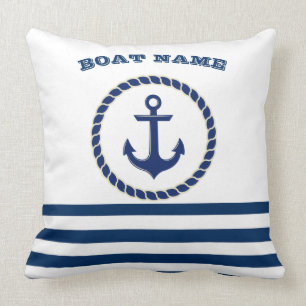 Coussin Nom de bateau nautique, ancre bleu marine rayé