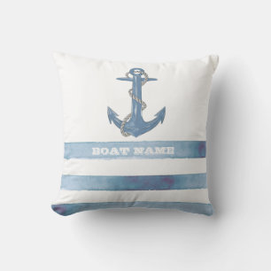 Coussin Nom de bateau nautique,Ancre,Corde,Rayes bleu clai