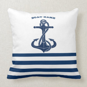Coussin Nom de bateau nautique, Ancre rayures bleues marin