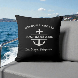 Coussin Nom de bateau nautique Bienvenue à bord Ancre Noir