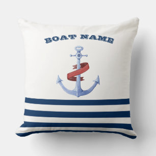 Coussin Nom de bateau nautique, bleu ancre marine rayé ble