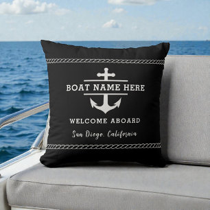 Coussin Nom de bateau nautique noir Bienvenue à bord Ancre