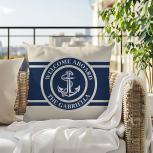 Coussin Nom de bateau personnalisé Ancre blanche sur fond