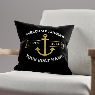 Coussin Nom de bateau personnalisé Bienvenue à bord Noir e