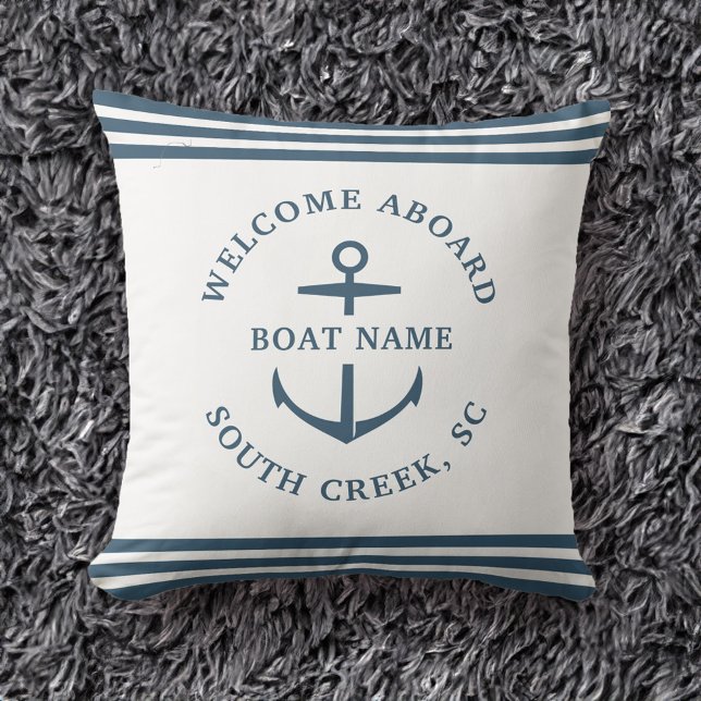 Coussin Nom de bateau personnalisé moderne Bienvenue à bor (Créateur téléchargé)