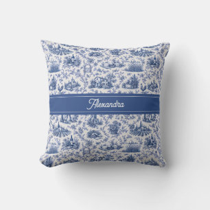 Coussin Nom de branche de rose de toile française bleue de