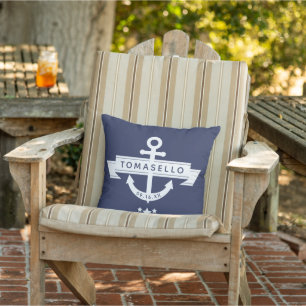 Coussin Nom de famille à l'ancre nautique Date Bleu marine