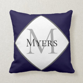 Coussin Nom de famille du monogramme minimal bleu marine 