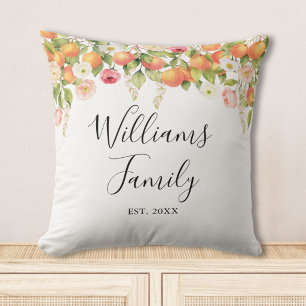 Coussin Nom de famille élégant aquarelle orange personnali