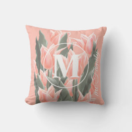 Coussin Nom de famille élégant Monogramme Peach Tulips Pei