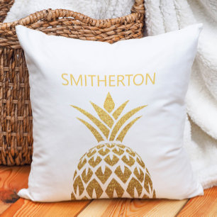 Coussin Nom de famille élégant or ananas blanc