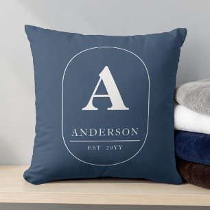 Coussin Nom de famille établi monogramme personnalisé bleu