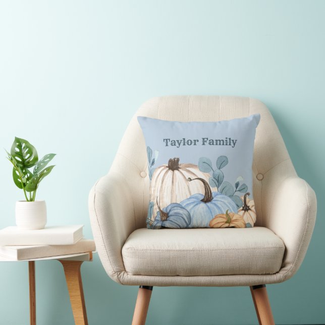 Coussin Nom de famille Fall Farmhouse Blue Grey Citrouille (Chaise)