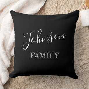 Coussin Nom de famille moderne Personnalisé noir et blanc