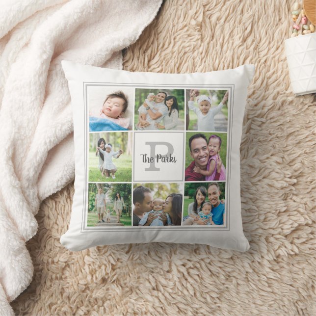 Coussin Nom de famille Monogramme 8 Photo Collage Gris bla (Couverture)