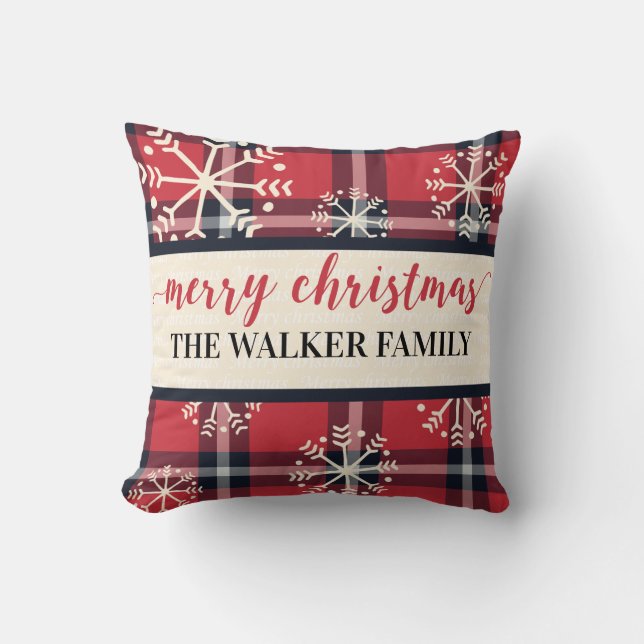 Coussin Nom de famille personnalisé Plaid and Snowflakes H (Recto)