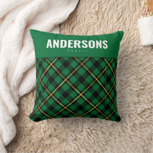 Coussin Nom de famille personnalisé Plaid de buffle vert 