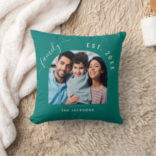 Coussin Nom de la famille en vert émeraude année