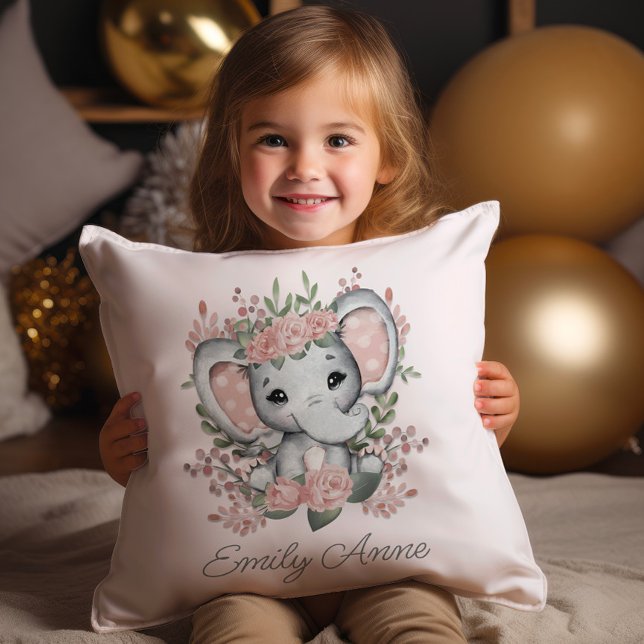 Coussin Nom de l'enfant Eléphant rose rose floral (Cute pink princess elephant decorator pillow personalized with your child's name.)