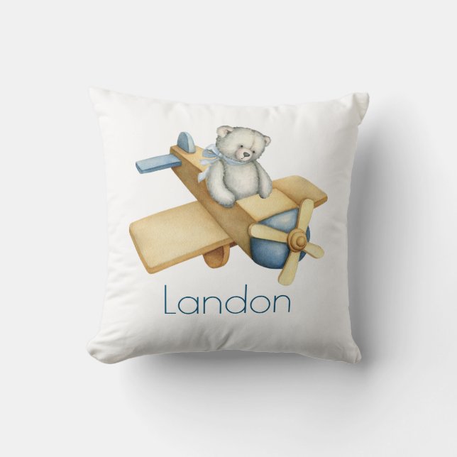 Coussin Nom de l'ours Avion Aquarelle Nursery (Recto)