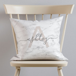 Coussin Nom de marbre rose et gris chic Monogramme