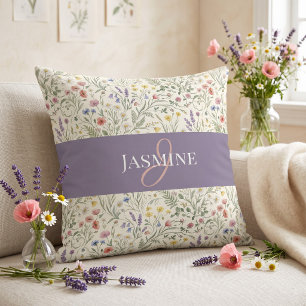 Coussin Nom de monogramme bohème de fleur sauvage aquarell