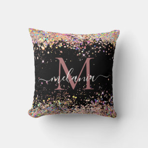 Coussin Nom de monogramme élégant pailleté holographique n