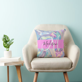 Coussin Nom de monogramme holographique iridescent rose fé