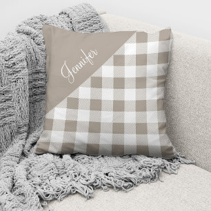 Coussin Nom de motif carreaux plaid taupe beige buffle