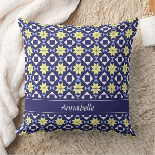 Coussin Nom de motif de carreau floral jaune bleu méditerr
