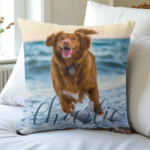 Coussin Nom de script de photo de chien personnalisé moder