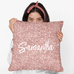 Coussin Nom de script de pinceau pailleté or rose de luxe
