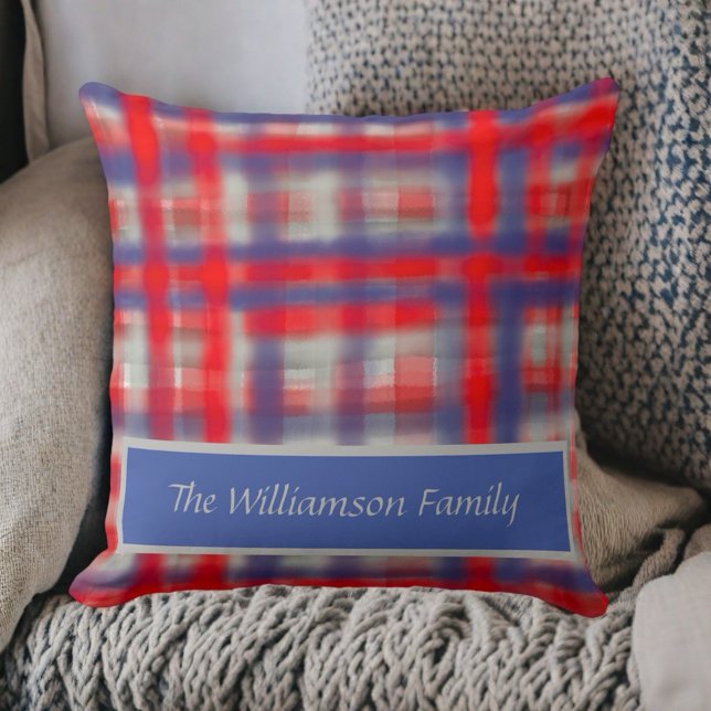 Coussin Nom de script plaid rouge bleu gris aquarelle mode (Créateur téléchargé)