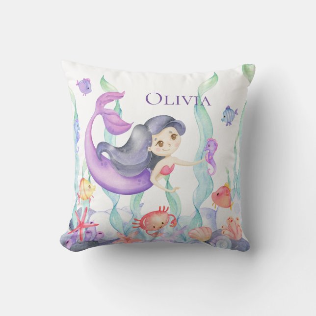 Coussin Nom de sirène mignonne pourpre Aquarelle Océan Poi (Recto)