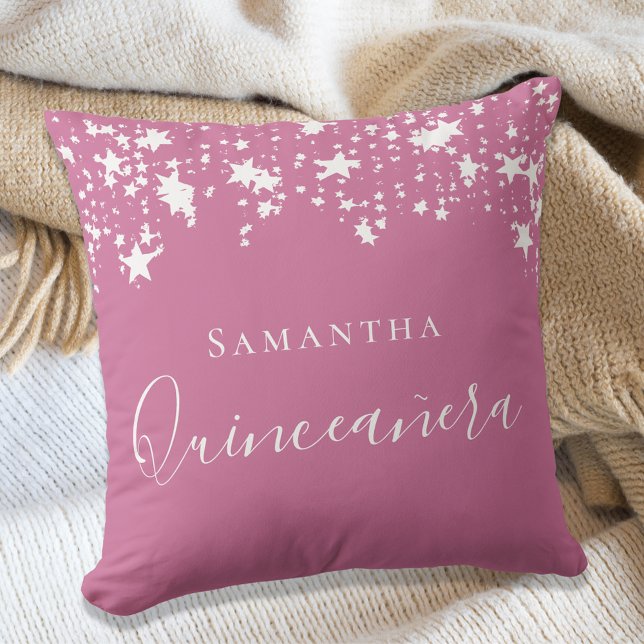 Coussin Nom des étoiles blanches roses de Quinceanera (Créateur téléchargé)